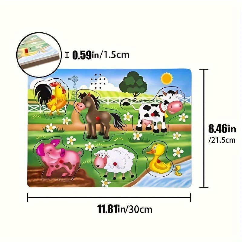 Farm Animal Wooden Peg Puzzles With Sound For Preschool Learning