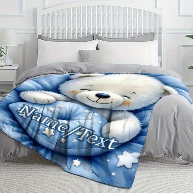 Custom Name Bear And Stars Nursery Blanket For Baby Comfort
