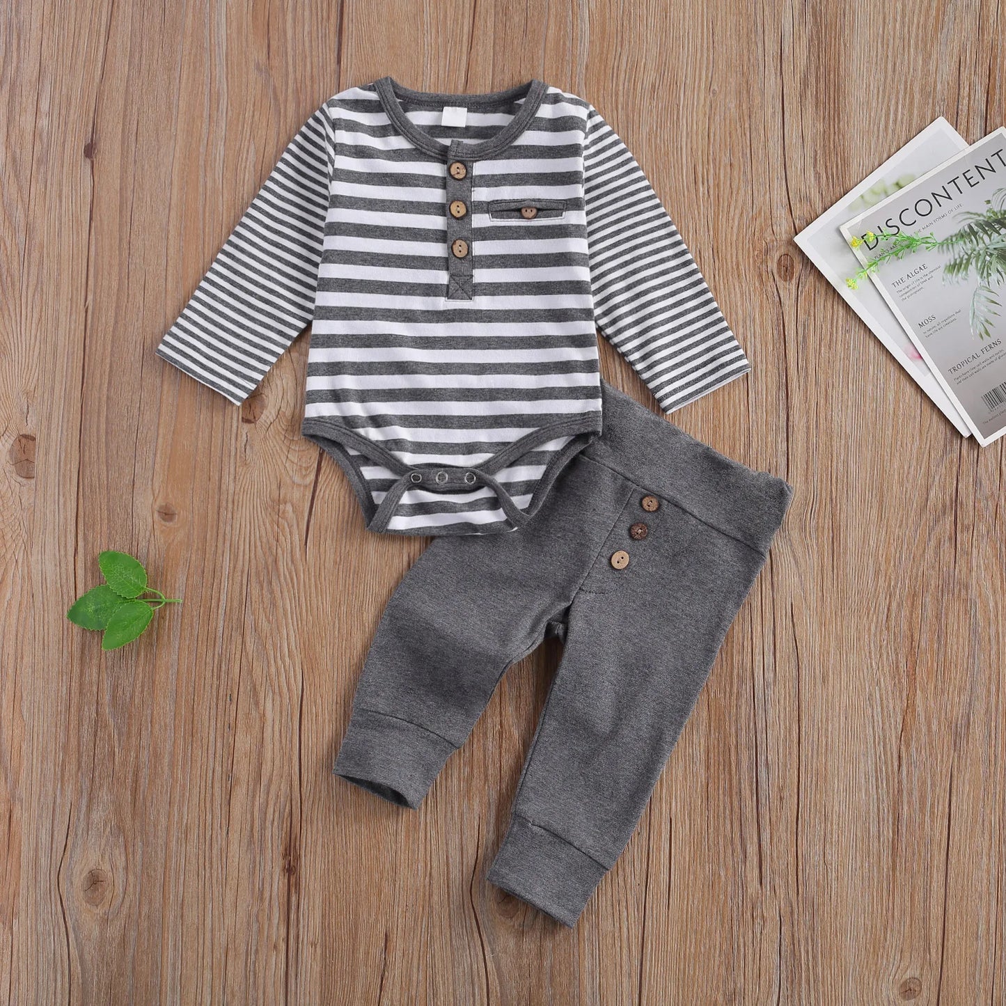 Unisex Baby Casual Suit with Stripe Design and Button Details