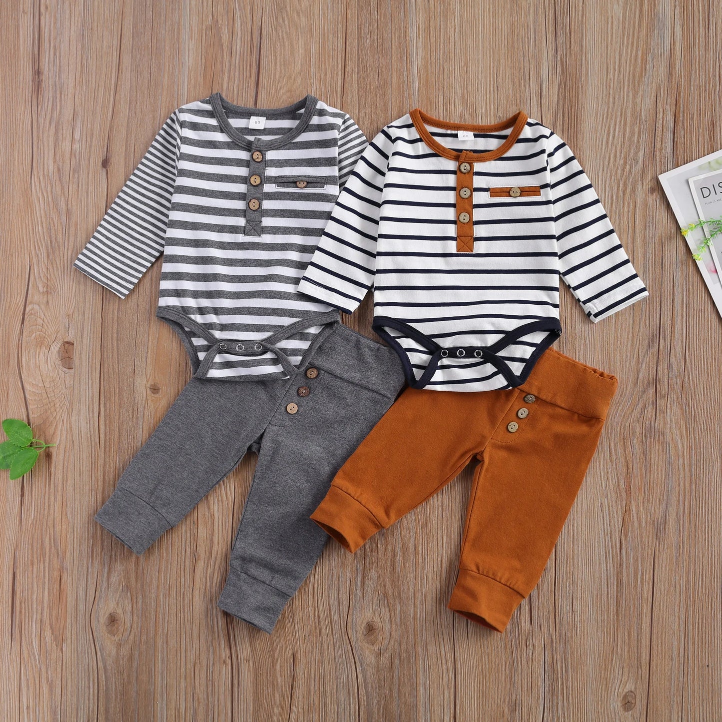 Unisex Baby Casual Suit with Stripe Design and Button Details