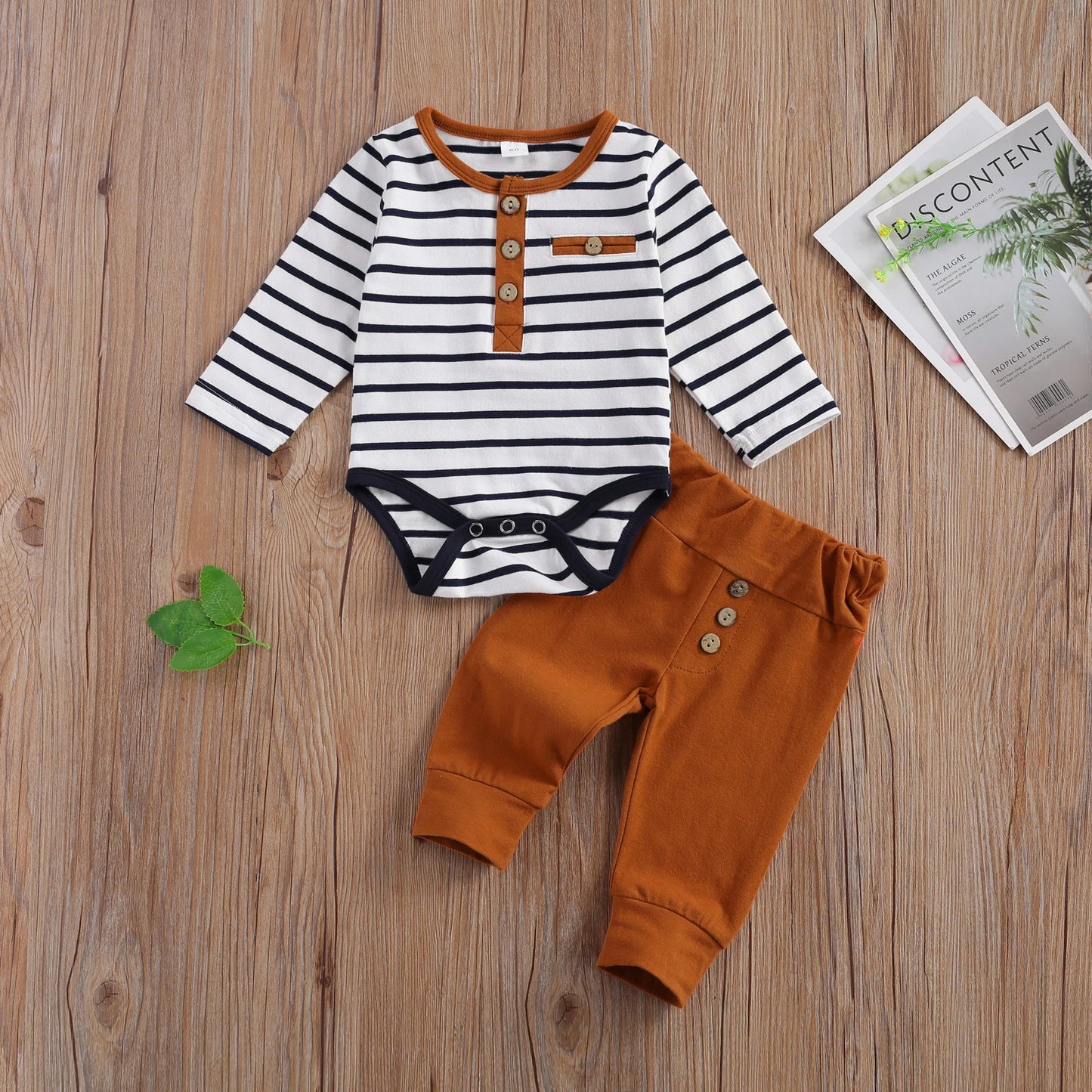 Unisex Baby Casual Suit with Stripe Design and Button Details