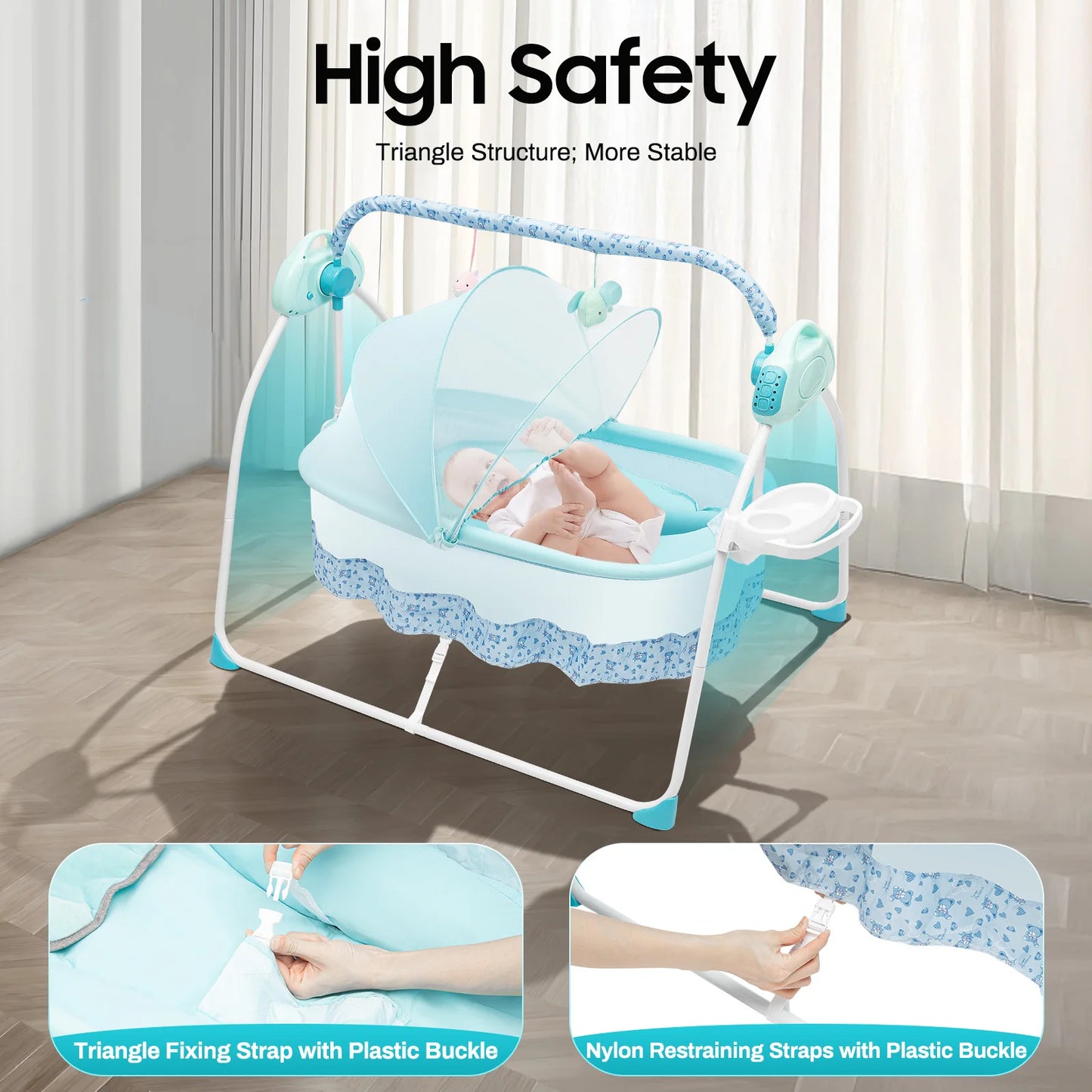Foldable Electric Cradle with Plush Toys and Remote Control