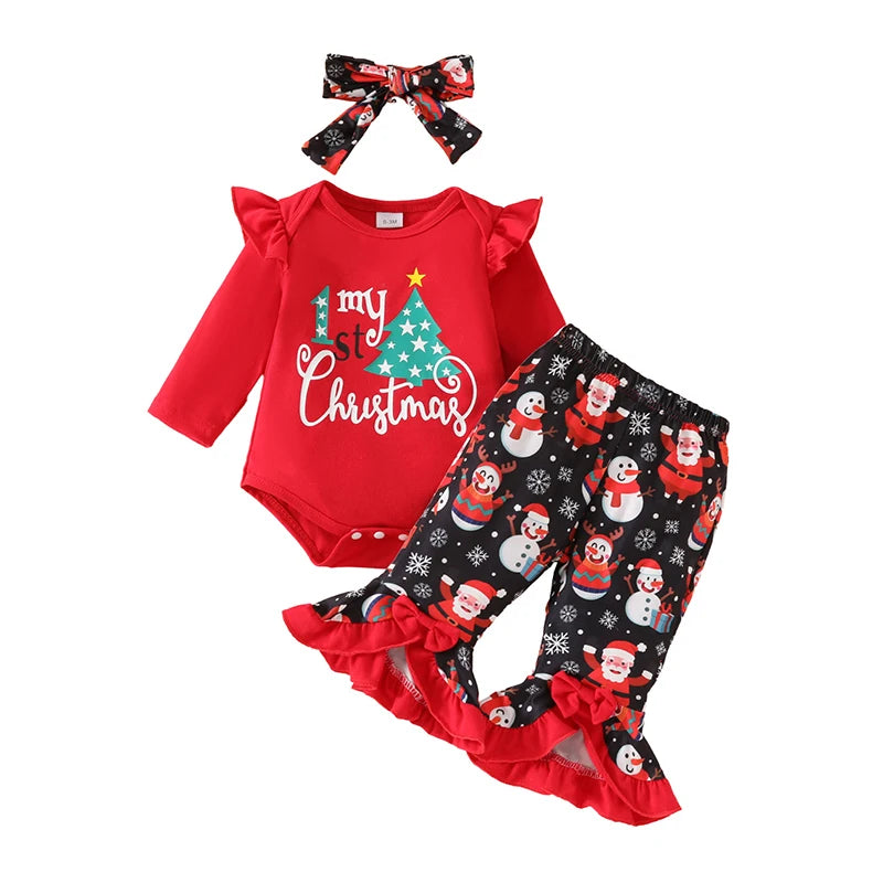 Infant Christmas Reindeer Print Romper and Ruffle Pants Set
