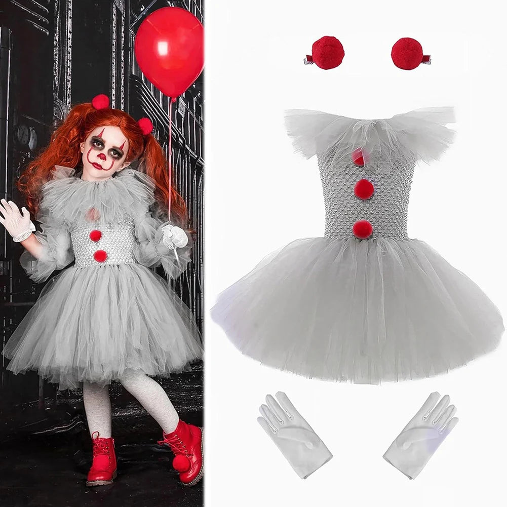 Girls Creepy Clown Tutu Dress for Halloween Party Fun