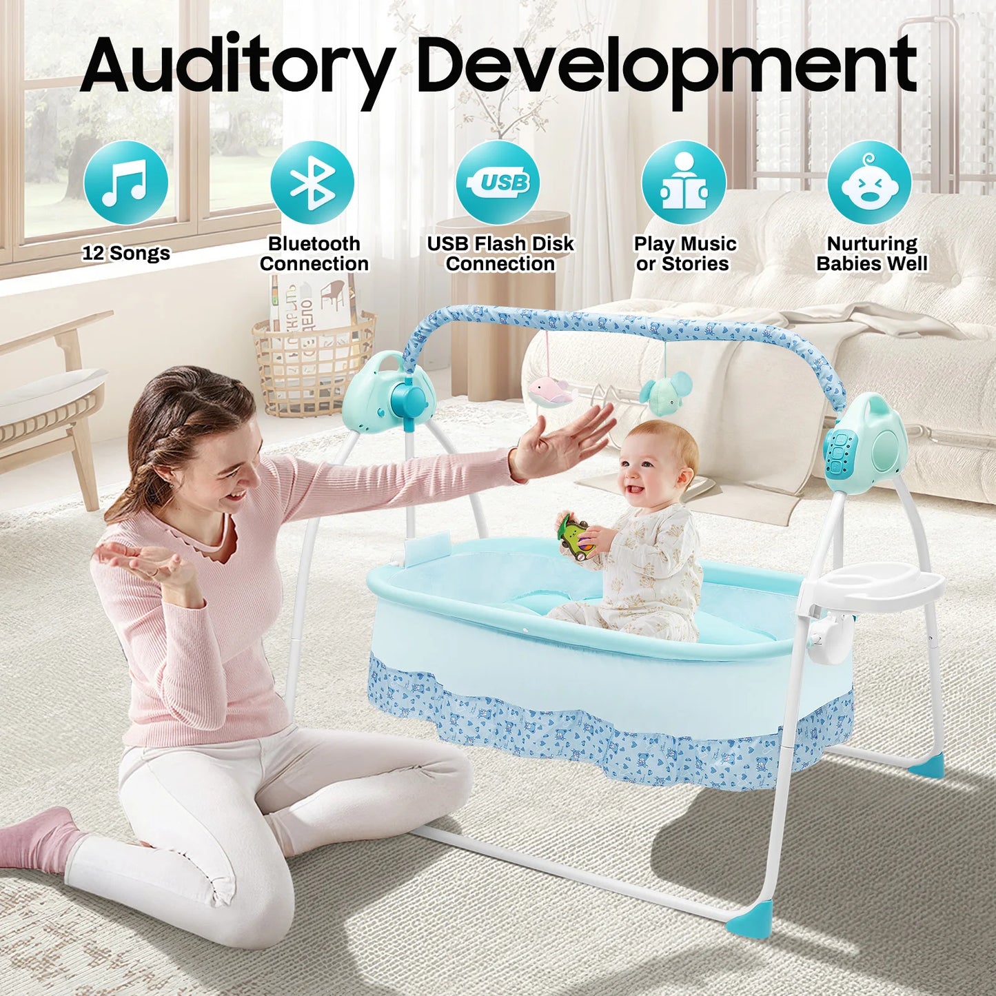 Foldable Electric Cradle with Plush Toys and Remote Control