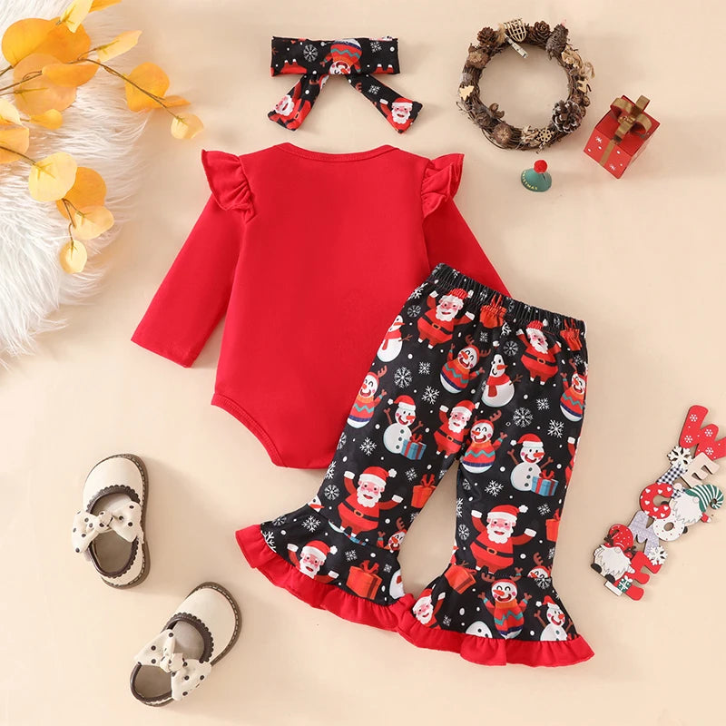 Infant Christmas Reindeer Print Romper and Ruffle Pants Set