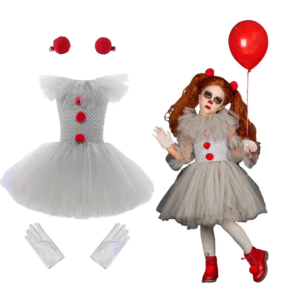 Girls Creepy Clown Tutu Dress for Halloween Party Fun