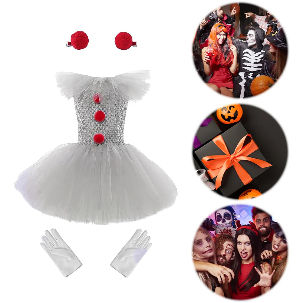 Girls Creepy Clown Tutu Dress for Halloween Party Fun