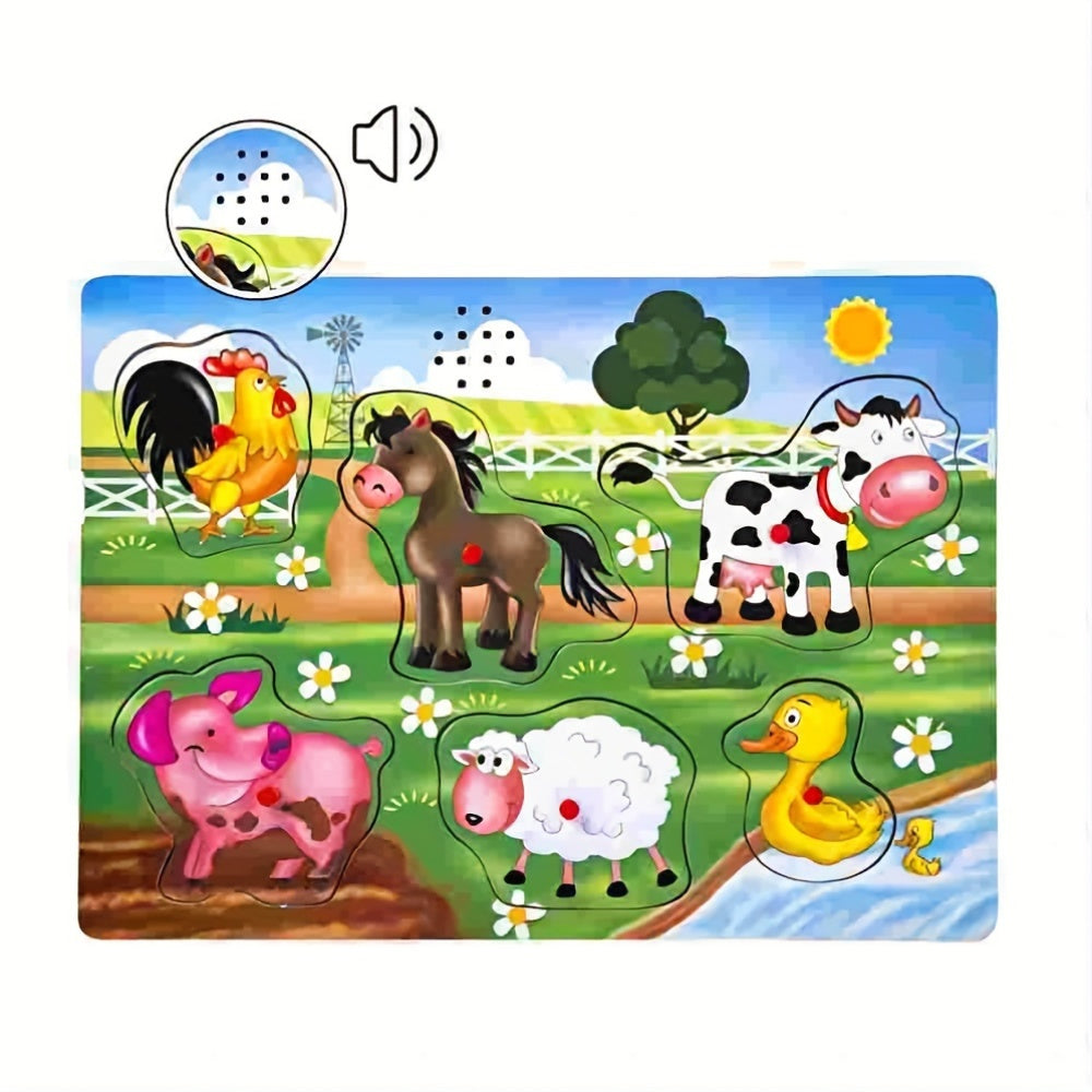 Farm Animal Wooden Peg Puzzles With Sound For Preschool Learning