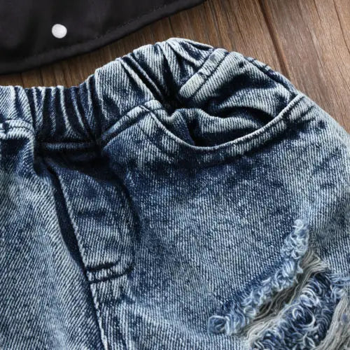Fashionable Girls Patch Denim Jeans with Ripped Design