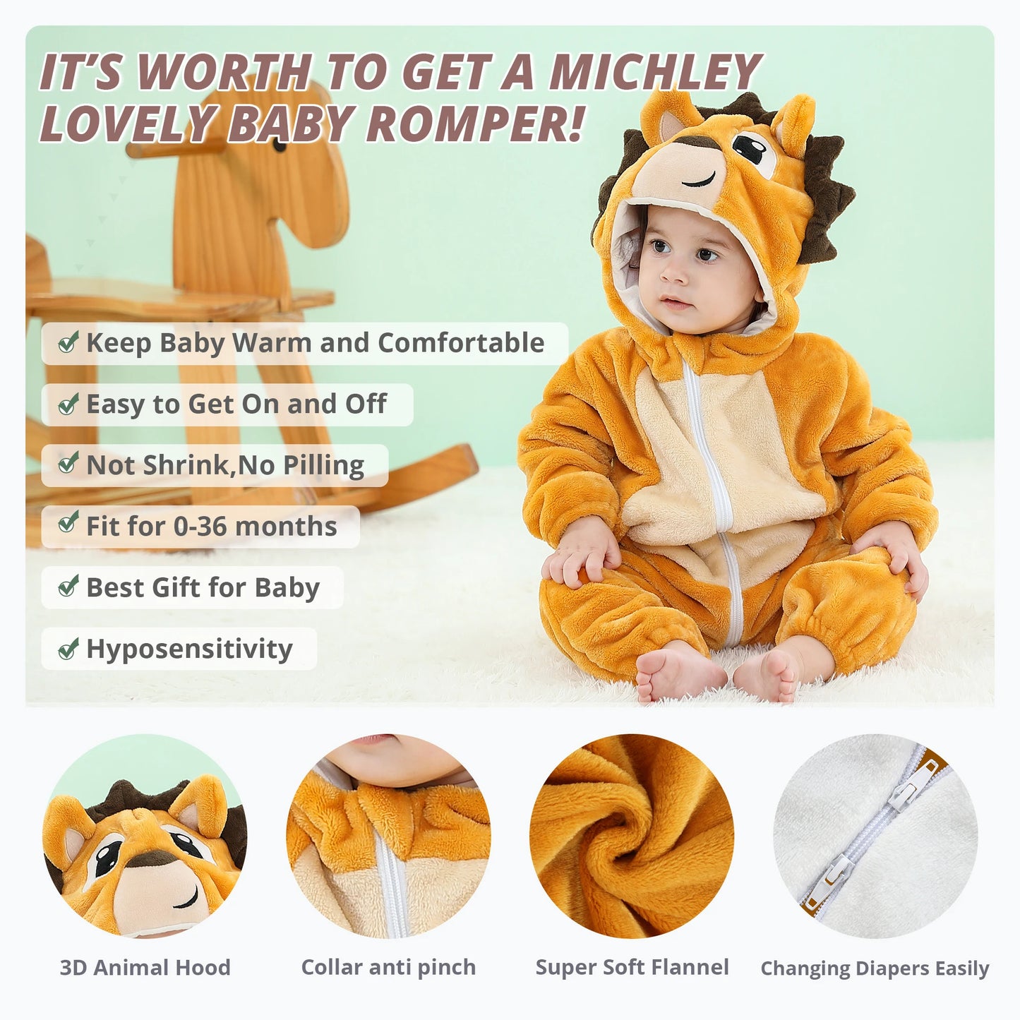 MICHLEY Halloween Dinosaur Baby Romper Hooded Jumpsuit Costume