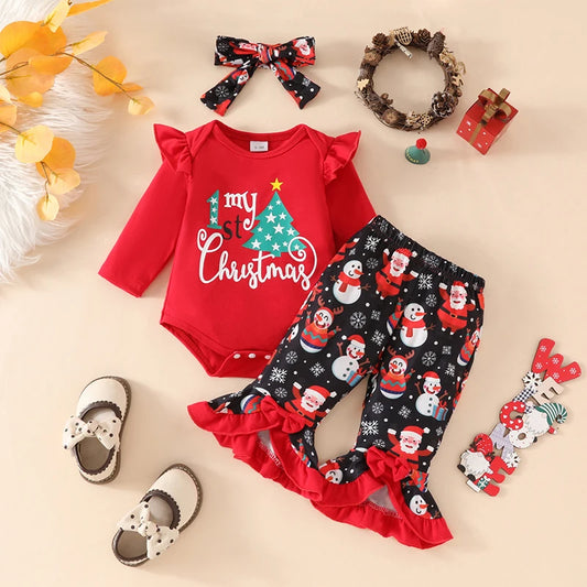 Infant Christmas Reindeer Print Romper and Ruffle Pants Set